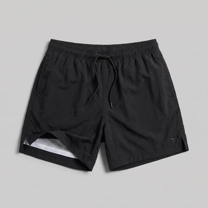 Black swim trunks shown in a mostly complete front flat-lay view. The shorts have straight short legs, a gathered elastic waistband with multiple rows of stitching, and a front drawstring threaded through metal eyelets with tipped cord ends. Side seam pockets, stitched side panels, hem slits, folded stitched hems, and a small metal drain eyelet near one lower leg are visible, along with mesh inner lining through one leg opening.