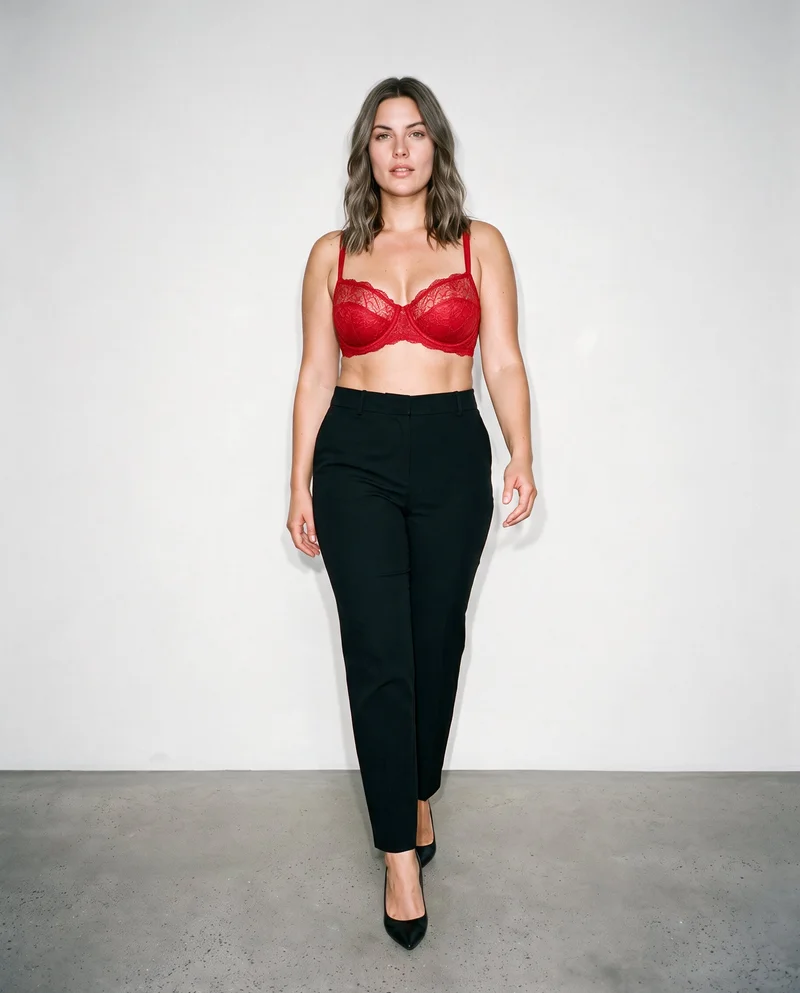 A 30-year-old Caucasian woman wearing a red balconette bra is shown full body from the front while walking with a neutral expression. The scene is set against a cloud-white studio-wall backdrop.