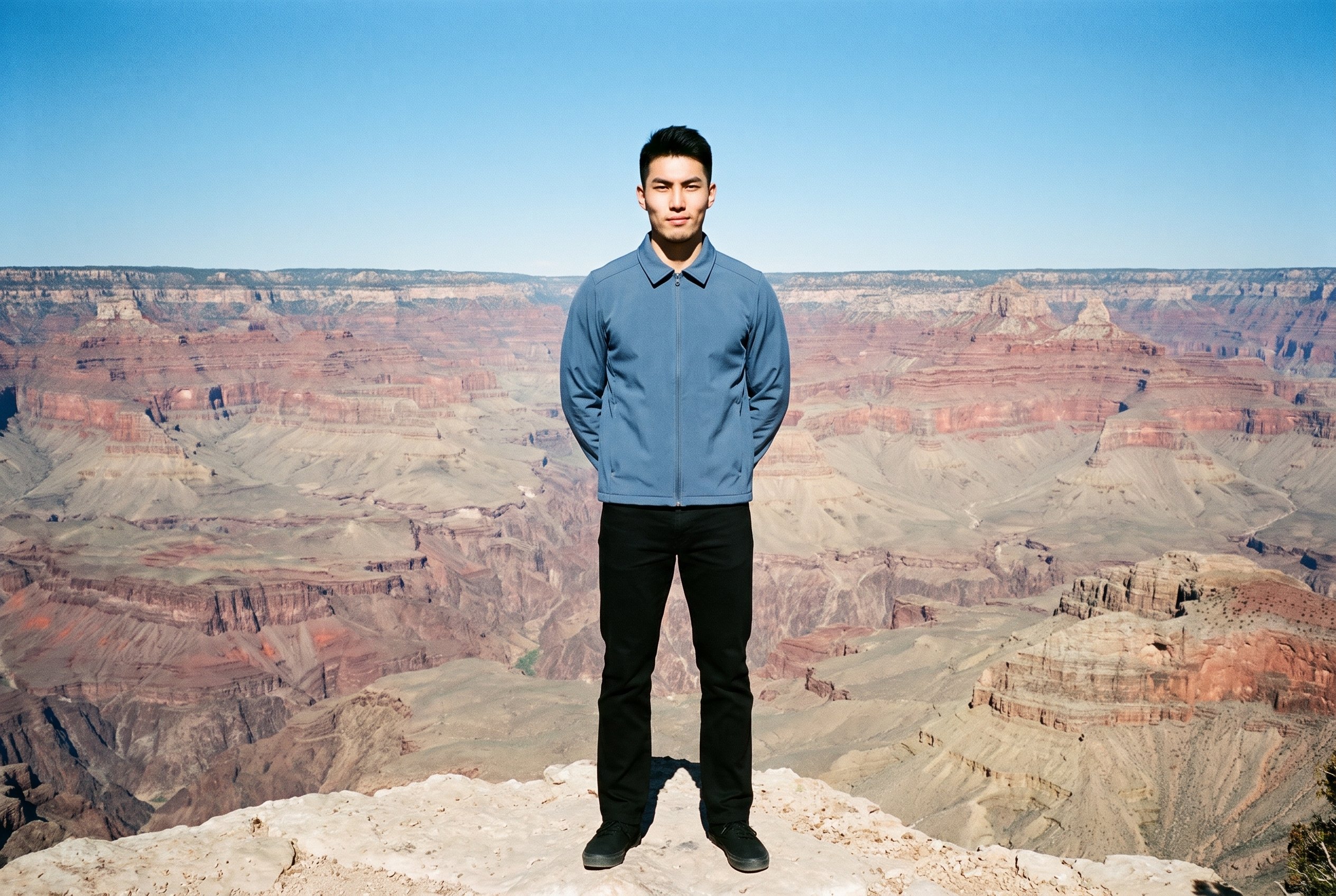 An 18-year-old Chinese male model wears a blue softshell jacket in a full-body front view, standing with his hands behind his back and a confident expression. A canyon edge forms the backdrop.