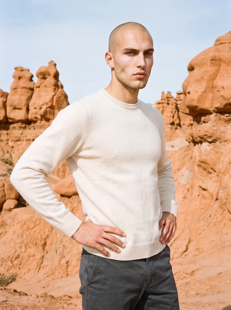 A 20-year-old Caucasian man wears a cream cashmere knit, shown in a three-quarter-length frame from a front three-quarter angle with his hands on his waist and a soft facial expression. Bryce Canyon hoodoos form the backdrop.
