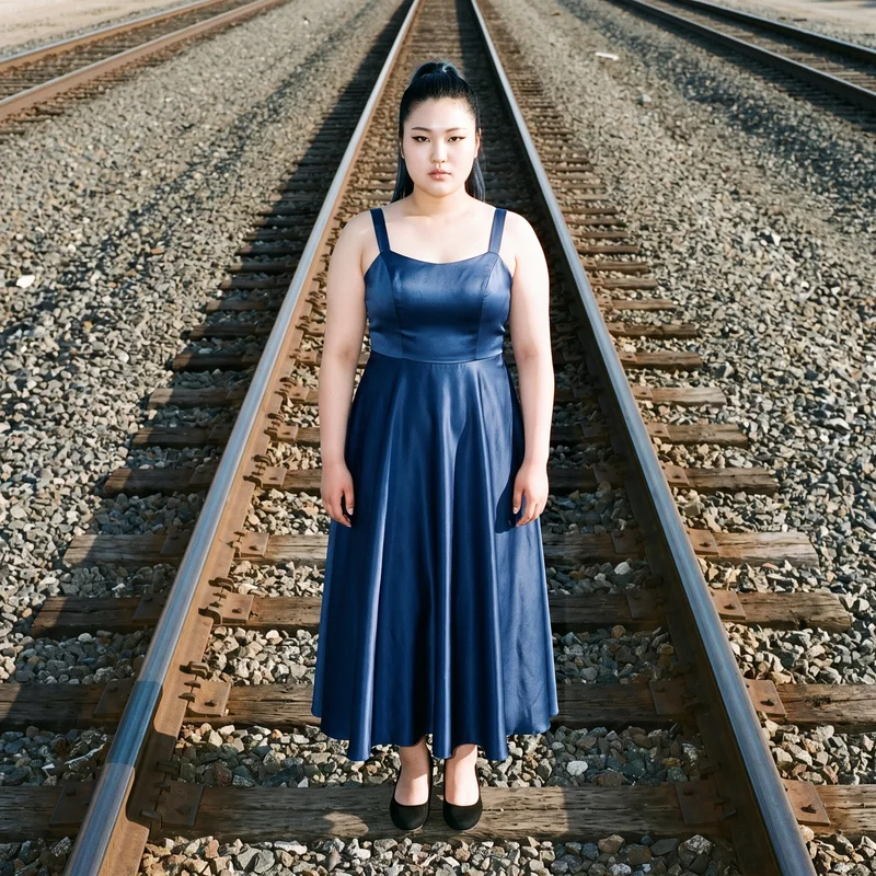 A 20-year-old Japanese woman wears a navy satin evening gown in a front-view environmental composition. She stands with her ankles crossed and a soft facial expression, with train tracks serving as the backdrop.