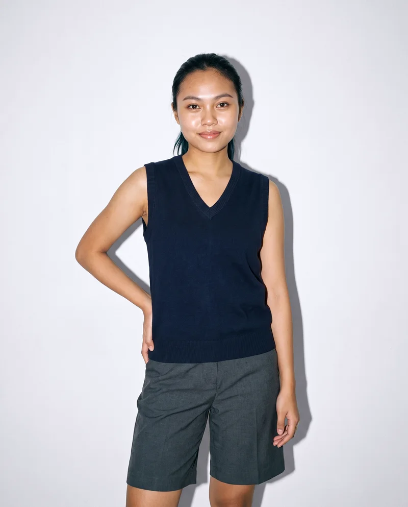 Women's Navy Knit Sweater Vest, Three-quarter length at Front, Natural E-Commerce lighting