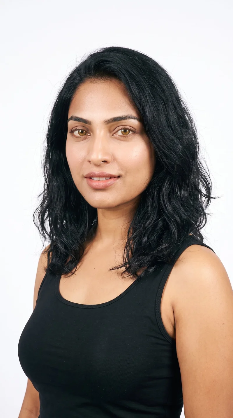 A 29-year-old Indian woman with a brown skin tone and warm golden sheen over a neutral undertone. Her oval face has balanced proportions and a softly rounded jaw, with medium-thickness eyebrows, amber eyes with a golden glow, and full lips. She has soft, naturally wavy black hair with gentle movement.