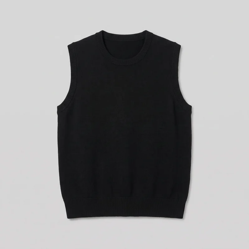 A women's black sleeveless knit sweater vest is shown laid flat in a complete front view. It has a straight pullover silhouette, crew neckline, extended shoulder coverage, deep armholes with ribbed trim, a fine plain-knit body, and a straight full-length hem with wider ribbing.