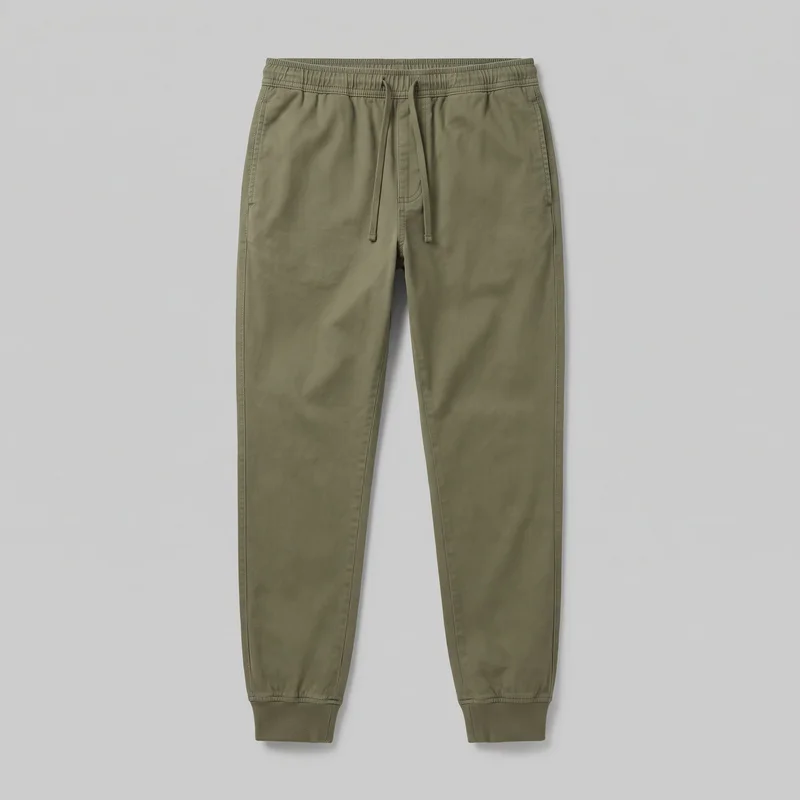 Men's olive cuffed joggers shown alone in a full front view, from the elasticated, vertically gathered waistband to the ribbed ankle cuffs. The pants have a relaxed tapered fit, a front drawstring threaded through two eyelets, a stitched faux fly, and two front side-entry pockets with visible stitching.