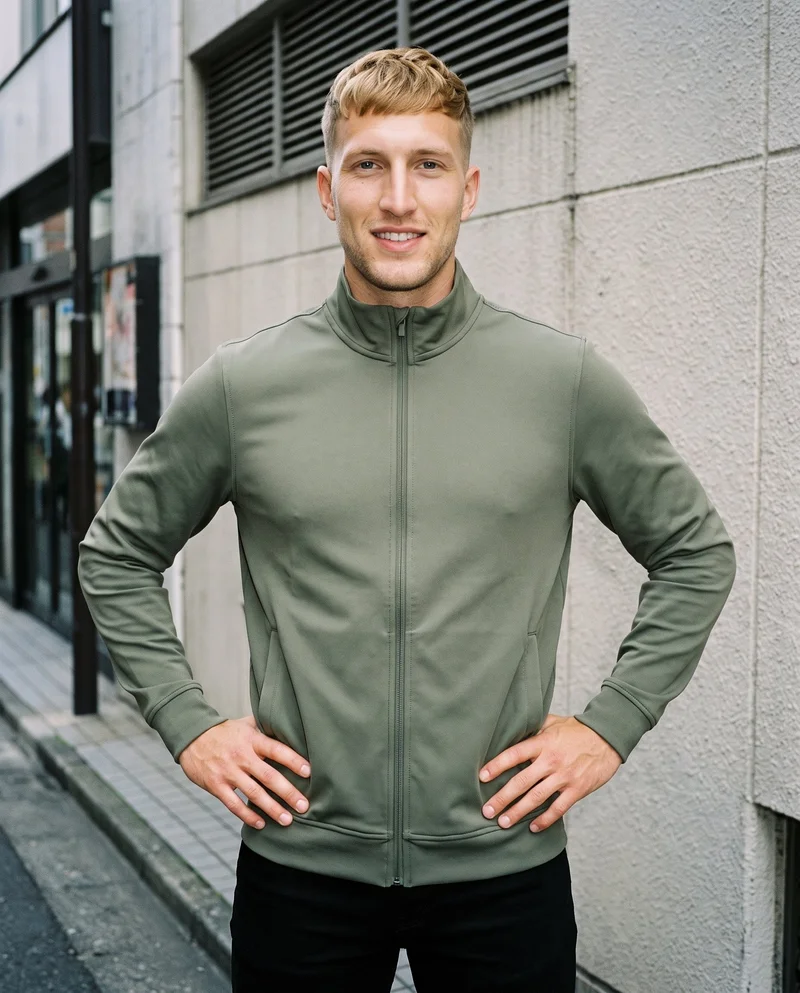 Men's Olive Tracksuit Top, Upper body at Front, Natural E-Commerce lighting