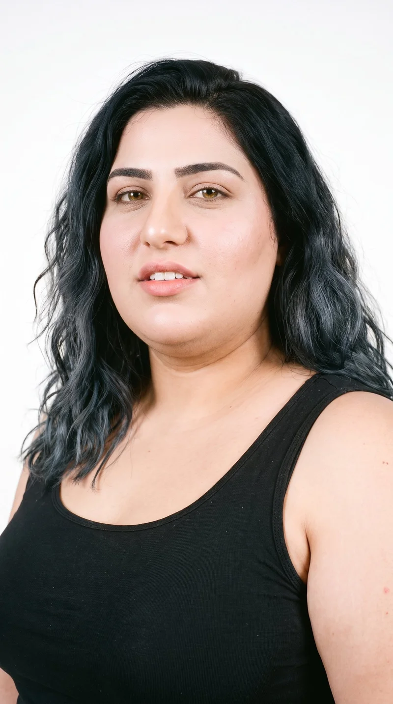 This 23-year-old Arab woman has a medium skin tone with an olive-green undertone. Her square face has a broad forehead and a strong, defined jaw, giving it an angular, structured appearance. She has thick eyebrows, hazel eyes with green-gold flecks, and medium-sized lips. Her black hair is styled in soft waves with gentle movement.