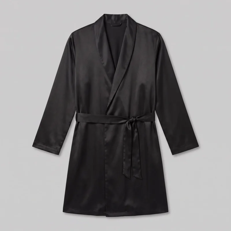 A men's black satin wrap robe is shown in a standalone front view, laid flat or hanging against an unspecified backdrop. The relaxed robe has long straight sleeves, a shawl collar, overlapping front panels, and a self-tie belt knotted at the waist with two hanging ends. Most of the garment is visible, including its straight lower hem.