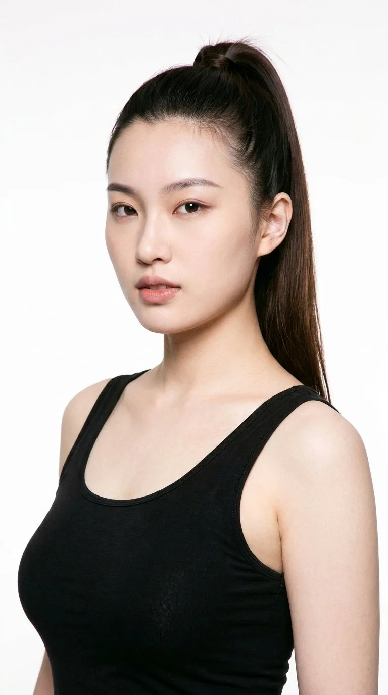 This 22-year-old Chinese woman has a light porcelain skin tone with a cool undertone. Her triangular face has a wide jaw that narrows toward the forehead, emphasizing the lower face. She has medium-thickness eyebrows, medium lips, and very dark, near-black eyes. Her dark-brown hair is pulled into a ponytail high on the crown.