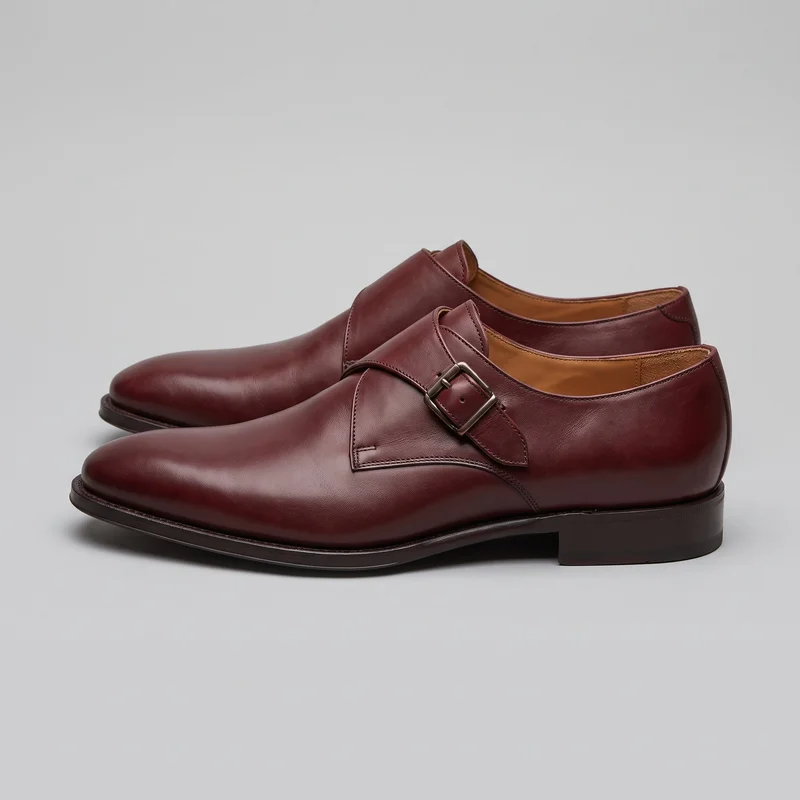 A pair of oxblood low-cut monk-strap dress shoes is shown in an angled side view, with one shoe mostly visible and the second partially behind it. The visible shoe has an elongated rounded plain toe, smooth vamp, single instep strap with a square buckle, punched adjustment holes and keeper, stitched edges, and a low stacked block heel.