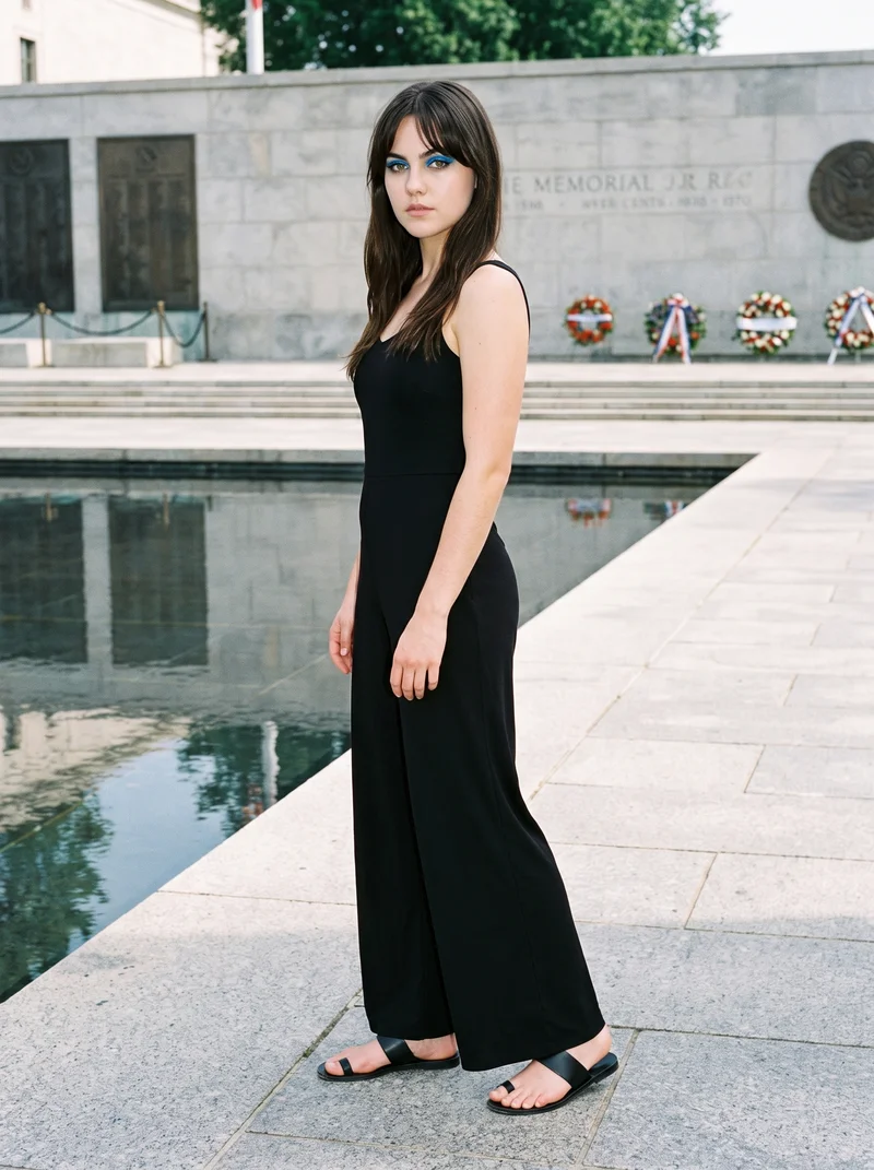 A 22-year-old Caucasian woman wears a black wide-leg jumpsuit in a full-body view from the front three-quarter angle. She stands in a relaxed pose with a confident expression, against a Memorial Plaza backdrop.