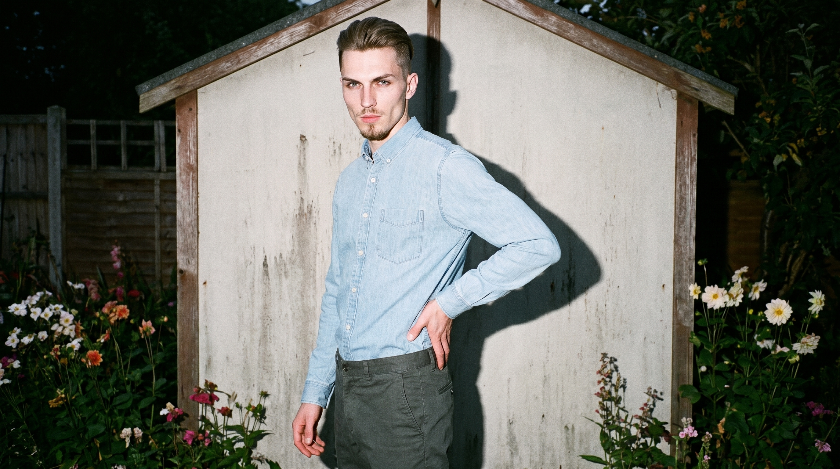 A 23-year-old Caucasian man wears a light wash denim shirt, shown from a front three-quarter angle in a three-quarter-length frame. He stands with one hand on his lower back and a neutral expression against a garden shed backdrop.