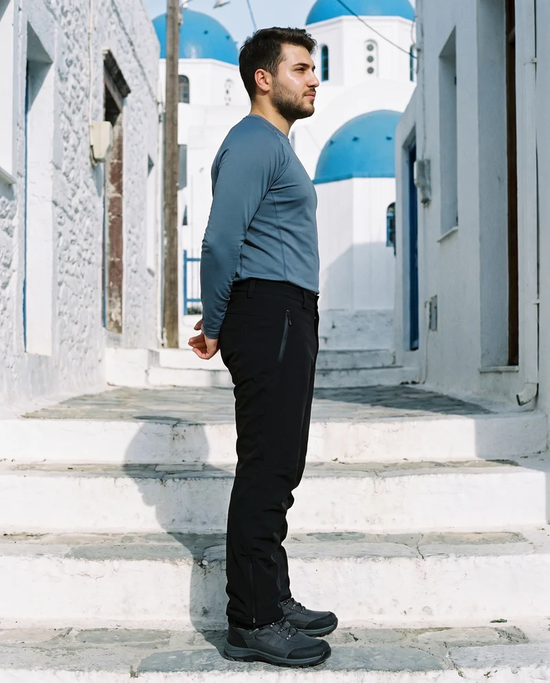 Men's Black Ski Trousers, Full body at Side, Flash Editorial lighting