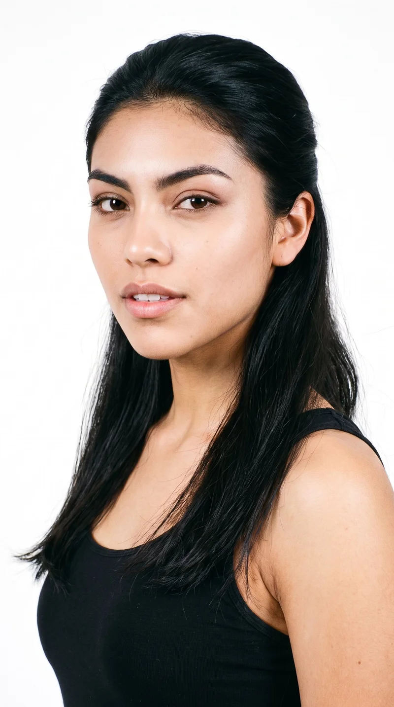 She is an 18-year-old Hispanic woman with medium olive skin and a neutral, greenish-golden undertone. Her heart-shaped face has a wider forehead that narrows to a more pointed chin, framed by thick eyebrows. She has brown eyes and thin lips. Her deep black hair is styled half up and half down, with the upper section pulled back and the lower lengths hanging loose.