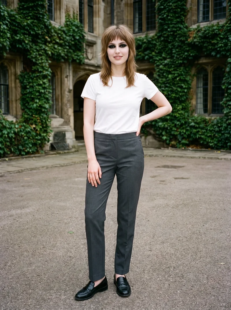 A 25-year-old Slavic woman is shown full body from the front, smiling with one hand on her hip while wearing women's charcoal suit trousers. An ivy-covered building forms the backdrop.