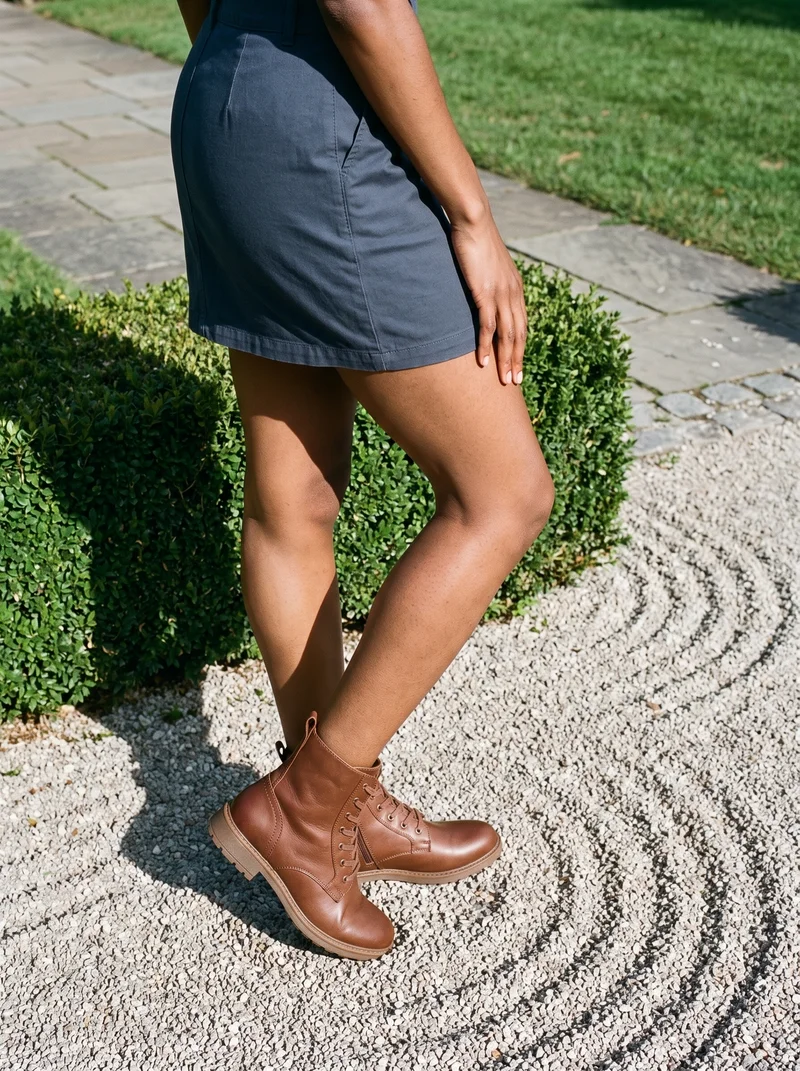 Brown lace-up boots worn on the lower body, shown from a front three-quarter angle while the wearer stands on tiptoes. A Zen rock garden serves as the backdrop.