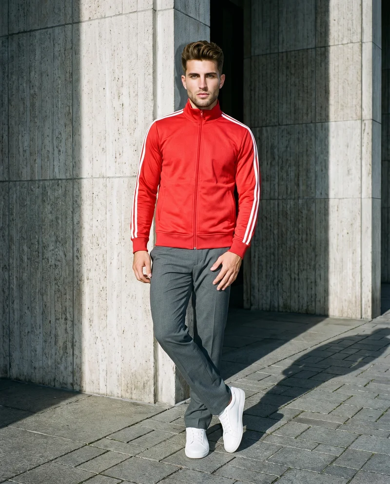 Men's Red Striped Track Jacket, Full body at Front, Flash Editorial lighting