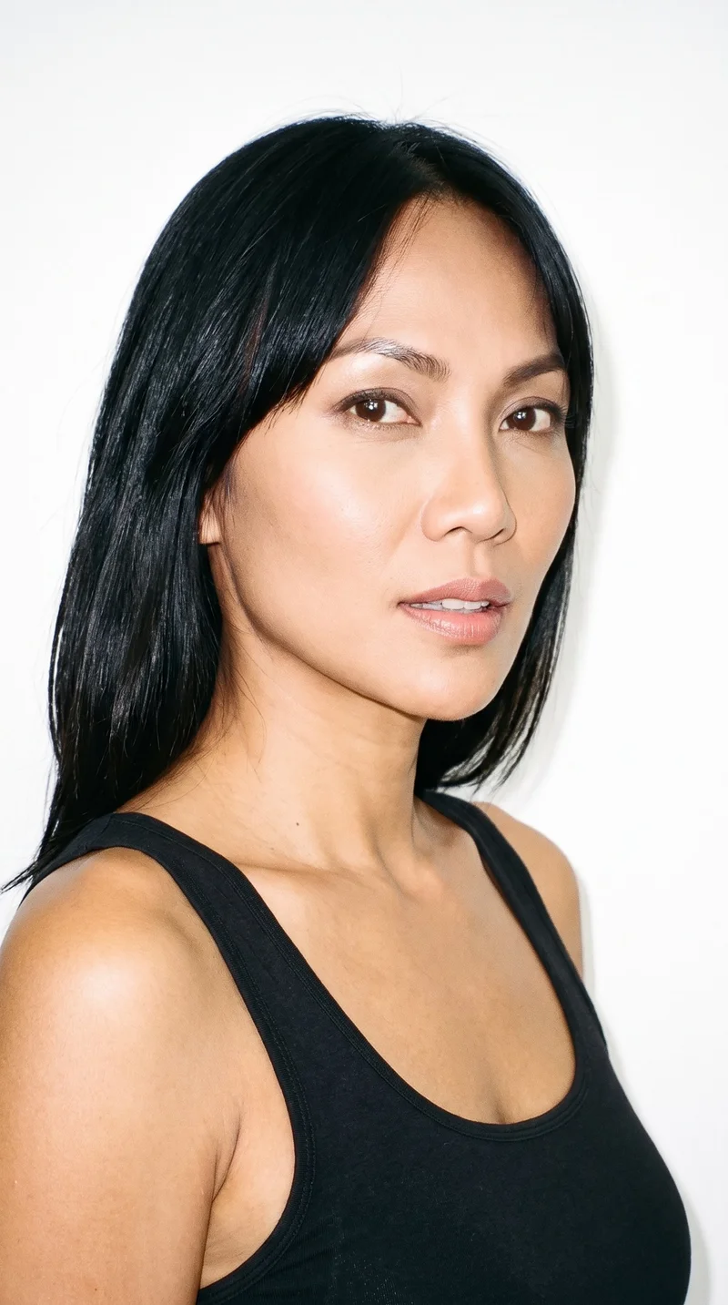 A 40-year-old Southeast Asian woman with a honey skin tone and warm yellow undertone. Her heart-shaped face has a wider forehead that narrows to a more pointed chin. She has medium-thickness eyebrows, brown eyes, and full lips. Her deep black hair is styled with longer curtain bangs parted at the center and framing both sides of her face.