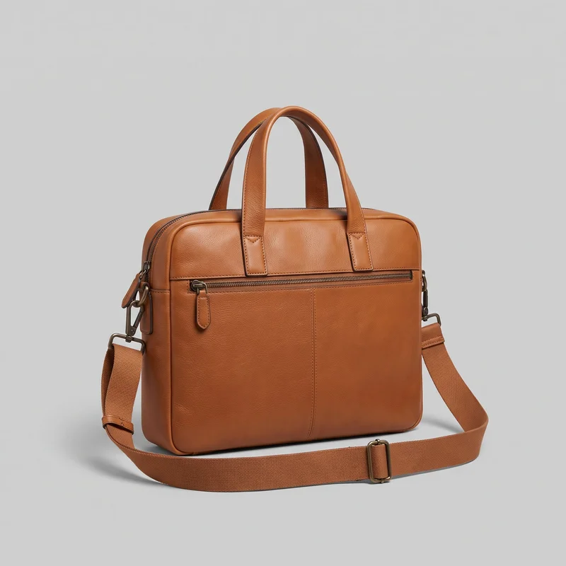 A structured tan rectangular briefcase or laptop bag is shown in a standalone front three-quarter view. It has rounded corners, raised edge piping, twin upright carry handles, a detachable adjustable shoulder strap with side swivel-hook hardware, a top zip closure, and a horizontal zip pocket across the upper front. The front panels, seams, handle anchors, zipper surrounds, and edges have visible stitching.
