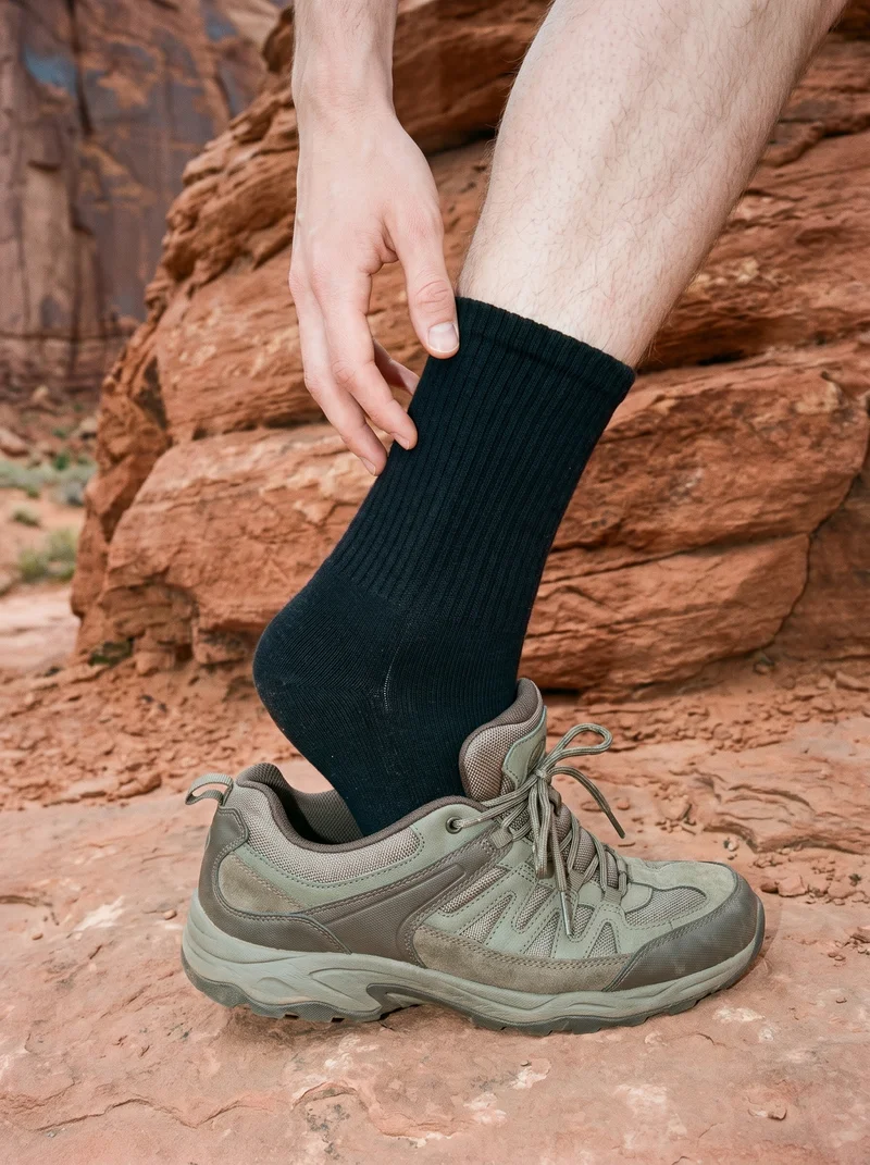 A man's hand rests at the ankle while he wears a black sports sock, shown in side view with the frame focused on the ankle. Red rock formations appear as the backdrop.