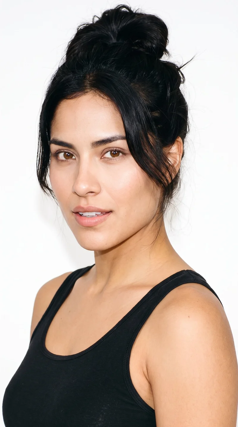 This 19-year-old Hispanic woman has a lightly tanned complexion with a warm golden undertone. Her square face has a broad forehead and a strong, defined jaw that gives it an angular, structured appearance. She has thick eyebrows, brown eyes, and thin lips. Her deep black hair is gathered into a loose messy bun with softly undone strands.