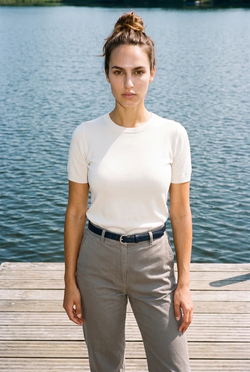 Women's Navy Formal Belt, Three-quarter length at Front, Flash Editorial lighting
