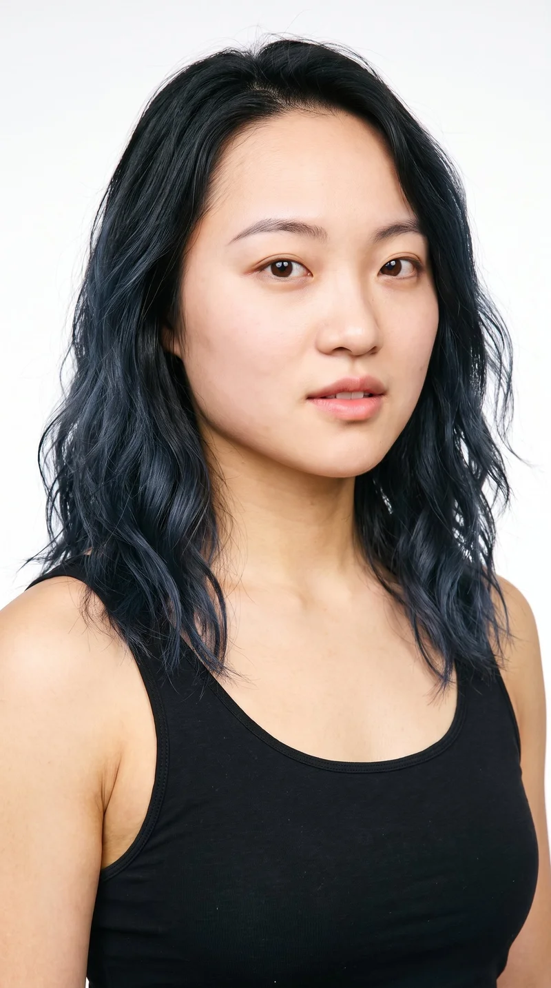 A 25-year-old Chinese woman with fair skin and a warm yellow undertone. Her face has soft, youthful features, full cheeks, and rounded contours. She has thin eyebrows, brown eyes, and thin lips. Her black hair is styled in loose, slightly tousled waves with natural volume.