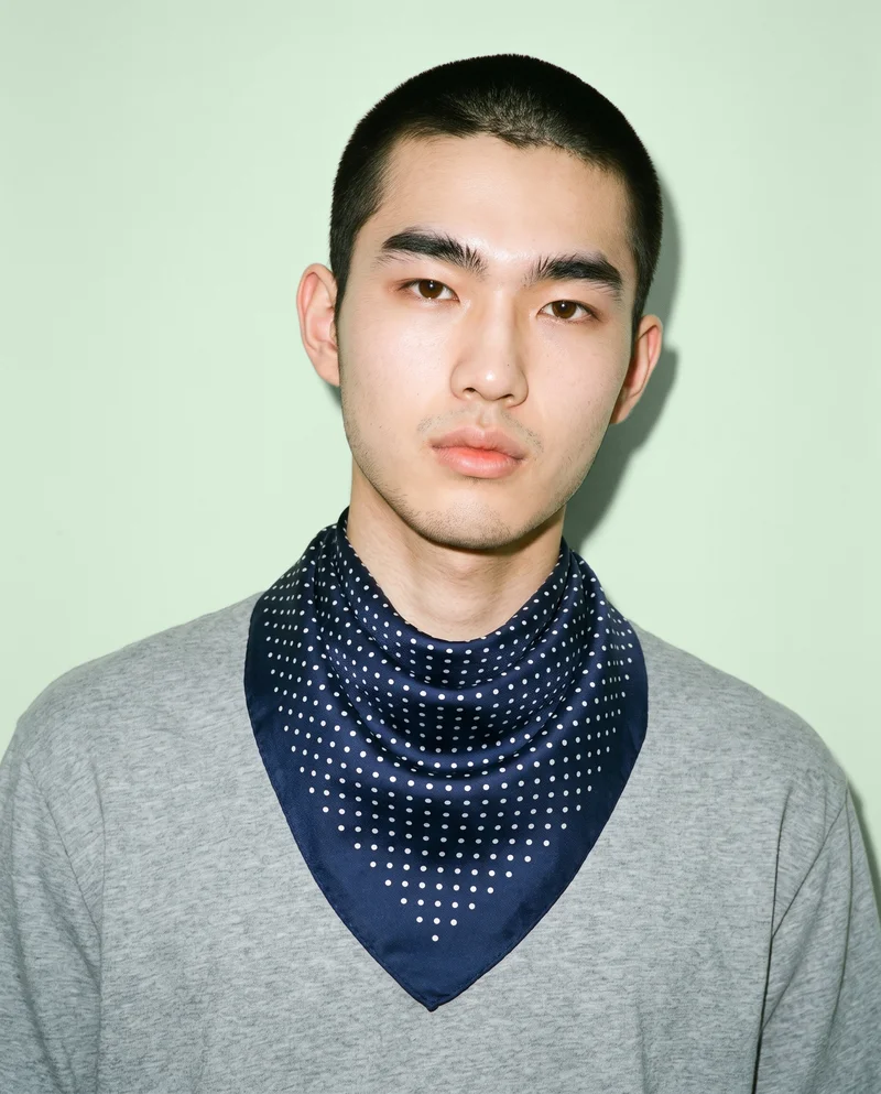 Men's Polka-Dot Silk Scarf, Bust at Front, Natural E-Commerce lighting