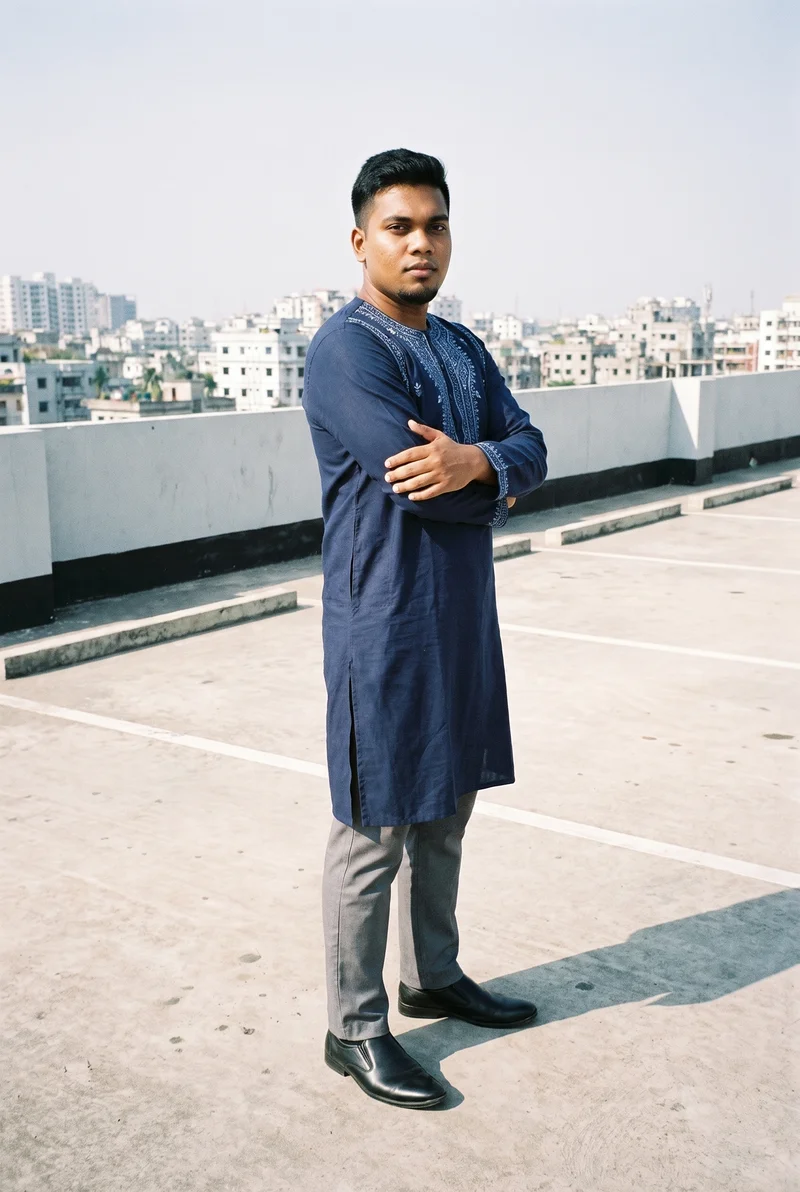 An 18-year-old Indian man wears a navy embroidered kurta in a full-body front three-quarter view. He stands in a self-hug pose with a natural facial expression against a parking garage rooftop backdrop.
