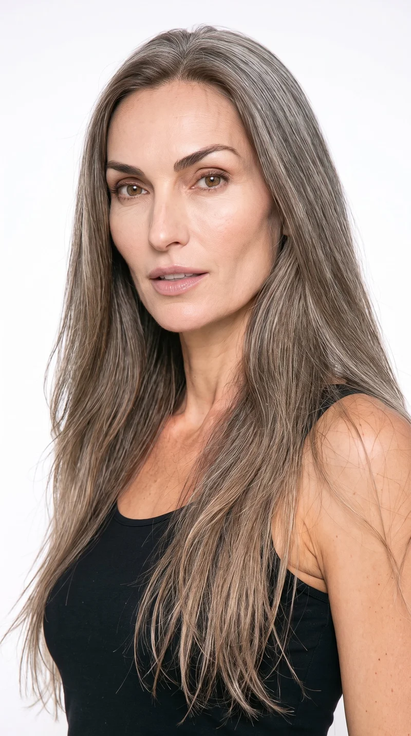 A 51-year-old Slavic woman with a lightly tanned fair complexion and peach undertone. Her diamond-shaped face has a narrow forehead and jaw, with the greatest width at the cheekbones. She has medium-thickness eyebrows, hazel eyes with green-gold flecks, and thin lips. Her long, ash-brown hair has a cool undertone and is worn loose past the shoulders with natural volume.