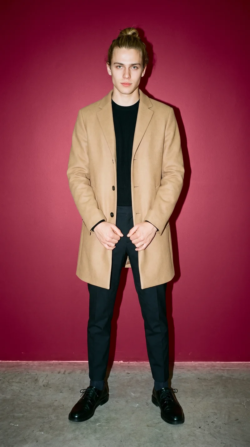Men's Camel Wool Coat, Full body at Front, Natural E-Commerce lighting