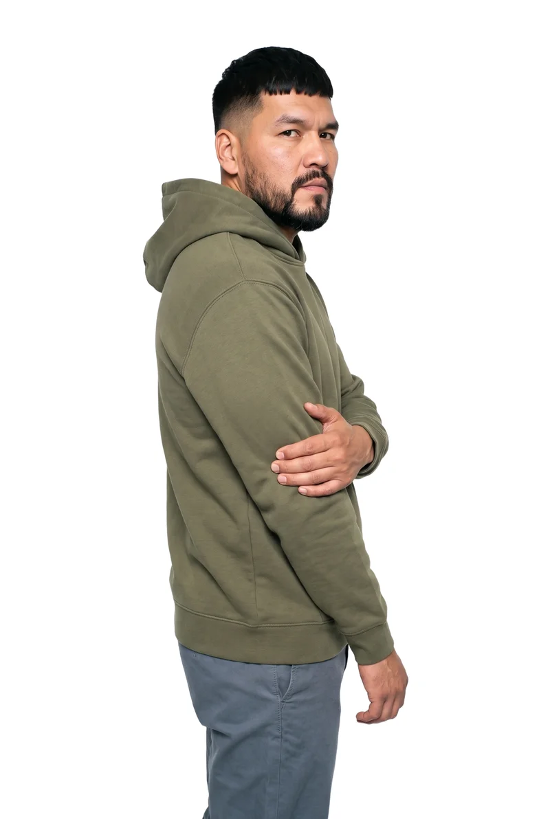 Men's Olive Oversized Pullover Hoodie, Three-quarter length at Side, Studio Cutout lighting