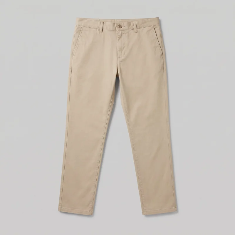 Men's beige slim chinos arranged in a complete front flat-lay view, showing the mid-rise waistband, exposed button, centered fly placket, belt loops, angled slash pockets, tapered full-length legs, and straight hems. The flat-front design has visible topstitching along the waistband and pocket openings, with no pleats, cargo pockets, logos, prints, patches, embroidery, or embellishments.