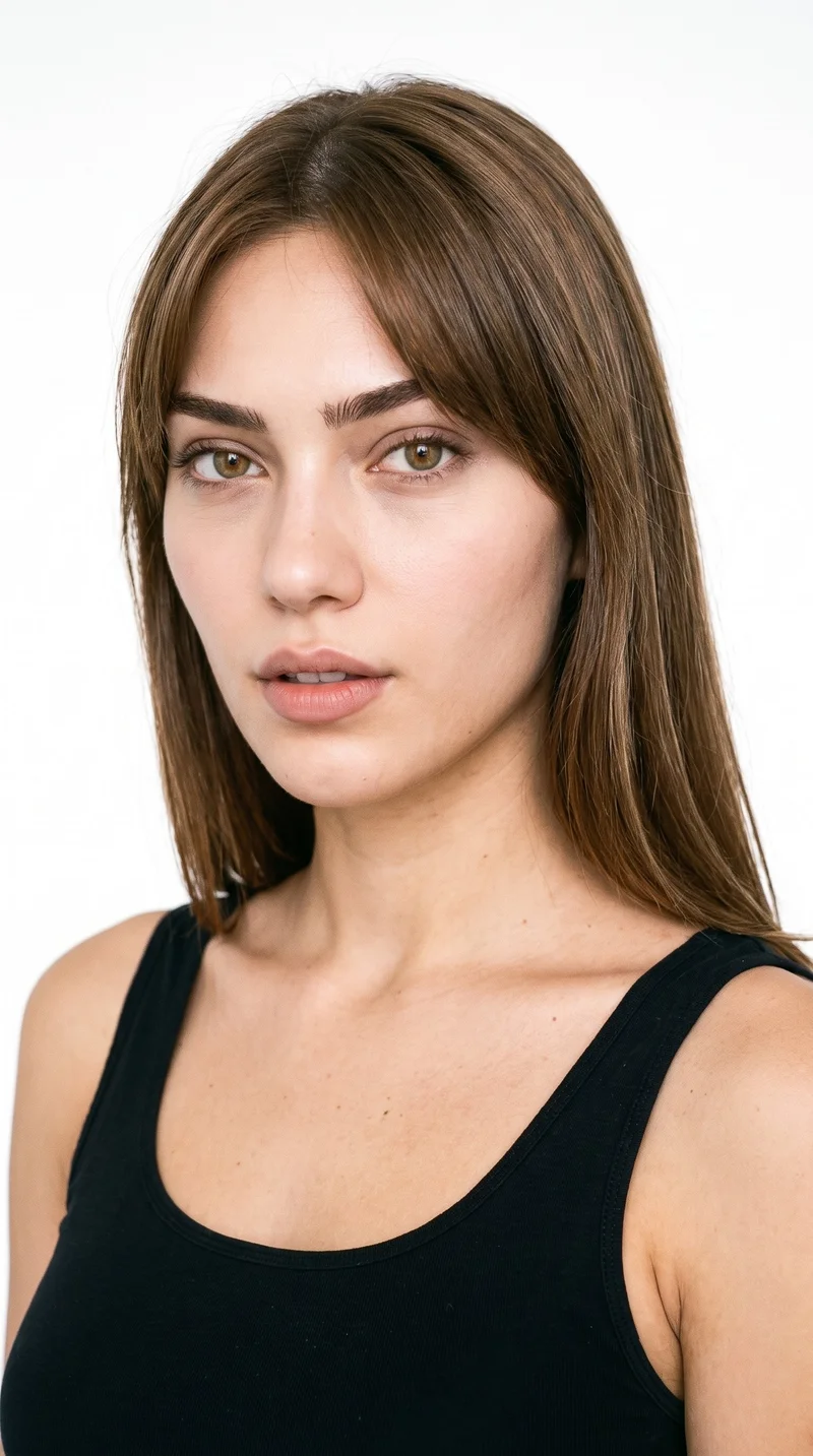 A 20-year-old Turkish woman with lightly tanned skin and a neutral undertone has a heart-shaped face, with a wider forehead narrowing to a more pointed chin. Her thick eyebrows frame hazel eyes with green-gold flecks, and her lips are medium-sized. She has brown hair in a neutral tone styled with longer, center-parted curtain bangs that frame both sides of her face. No facial hair is recorded.