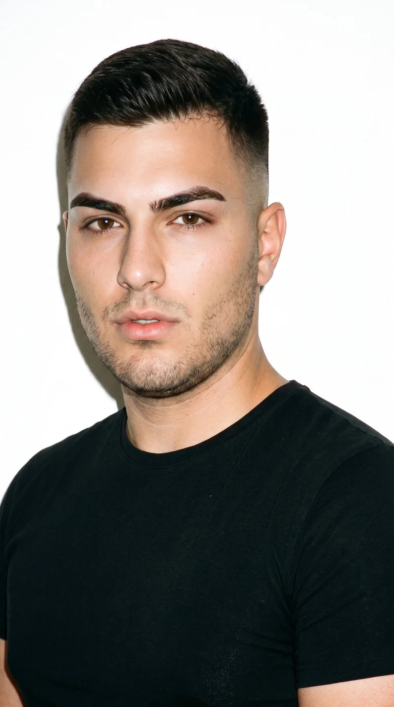 This 19-year-old Caucasian man has a medium skin tone with a warm golden undertone. His diamond-shaped face has a narrow forehead and jaw and is widest at the cheekbones. He has thick eyebrows, brown eyes, and thin lips. His dark-brown hair is styled in a fade, tapering from longer hair on top to very short sides that blend down to the skin. Fine, closely trimmed light stubble lightly covers the beard area.