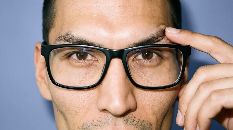 A man is shown in a front-facing close-up with one finger at his brow, wearing a black rectangular optical frame. The expression is confident, and a dusty blue studio-wall backdrop fills the background.