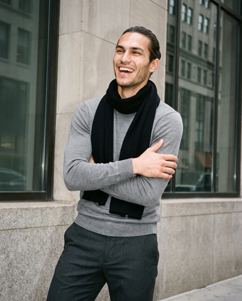 Men's Black Wool Scarf, Three-quarter length at Three-quarter, Natural E-Commerce lighting