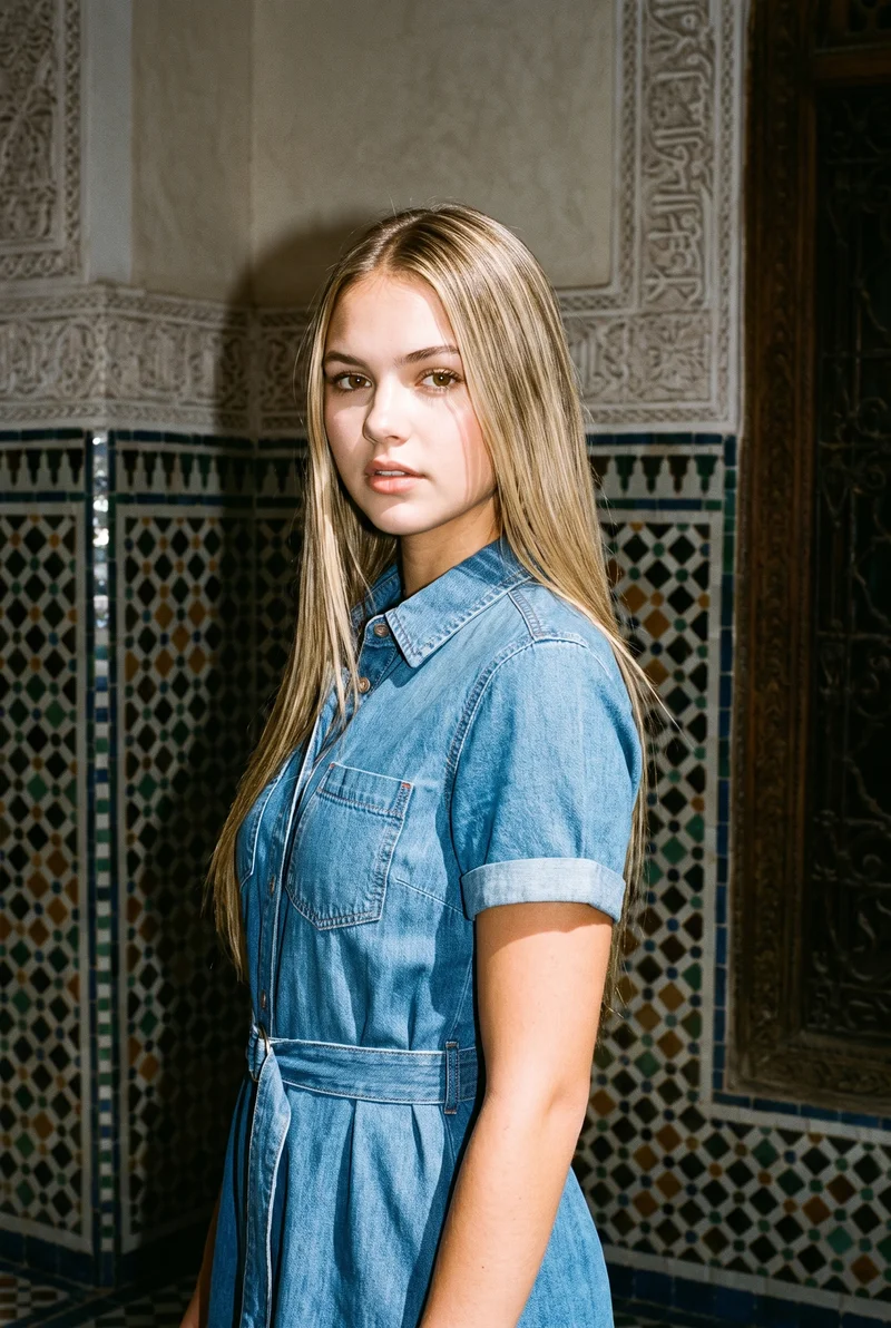 Denim Shirt Dress, Upper body at Three-quarter, Flash Editorial lighting