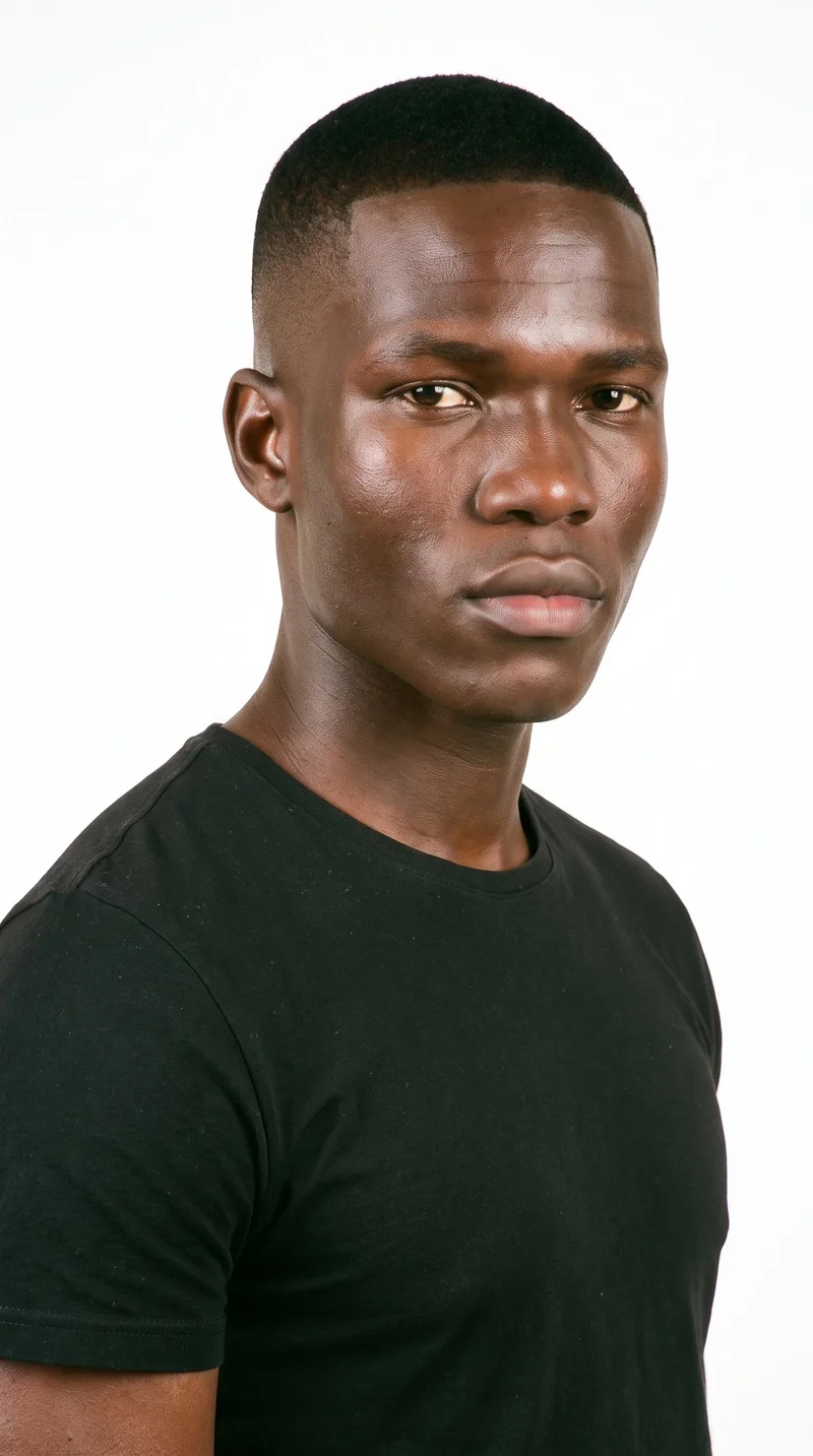 A 19-year-old African man with a very dark, deep-brown to black complexion and a warm golden undertone. His square face has a broad forehead and a strong, defined jaw, creating an angular, structured appearance. He has medium-thickness eyebrows, very dark near-black eyes, and medium lips. His black hair is styled in a fade, tapering from longer hair on top to very short sides that blend down to the skin. He is clean-shaven, with smooth skin across his face.
