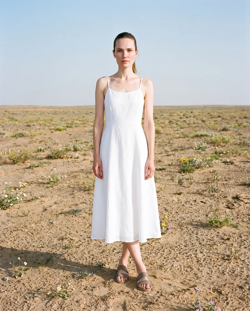A 38-year-old Slavic woman wears a white linen maxi dress in a full-body front view, standing with her ankles crossed and a natural expression. A desert wildflower bloom forms the backdrop.