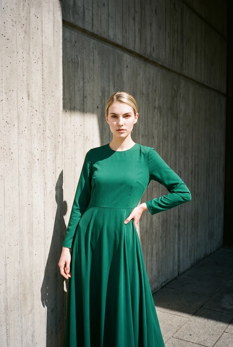 An 18-year-old Caucasian woman wears an emerald green modest dress in a front-facing, three-quarter-length view. She stands with her weight placed back and a soft facial expression, with a Brutalist Monument Plaza serving as the backdrop.