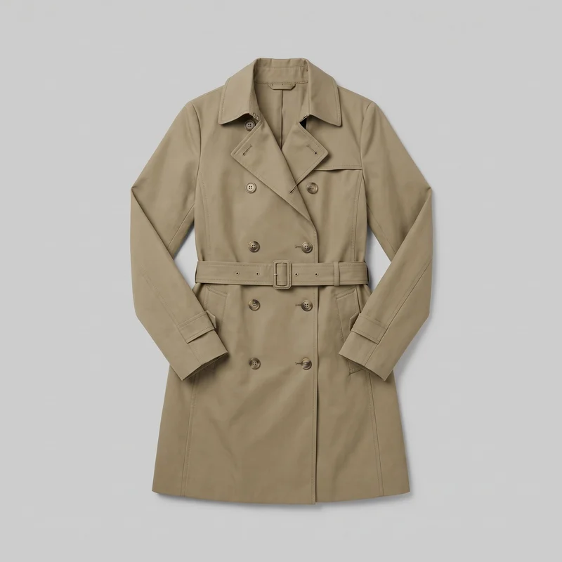 A mostly complete front view of a women's khaki double-breasted trench coat laid flat against a backdrop. The coat has broad lapels, a pointed spread collar, shoulder epaulets, a storm flap, two rows of front buttons, a matching buckled belt, angled welt pockets, long sleeves with cuff tabs, visible seams and topstitching, and a straight hem.