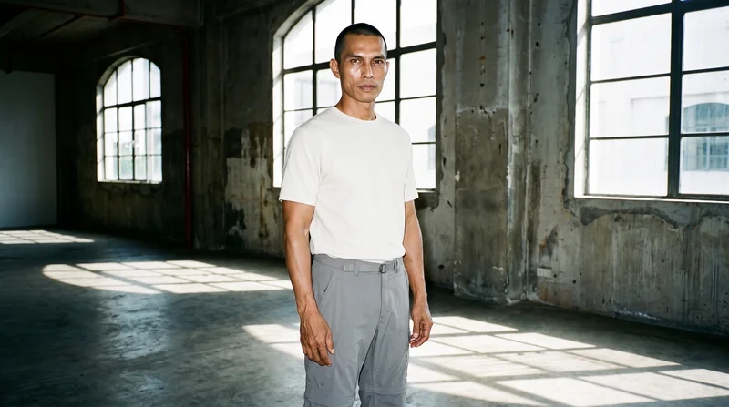 A 49-year-old Southeast Asian man wears grey convertible hiking trousers in a full-body front three-quarter view, standing with his ankles crossed and a serious expression. Massive loft windows form a golden backdrop.