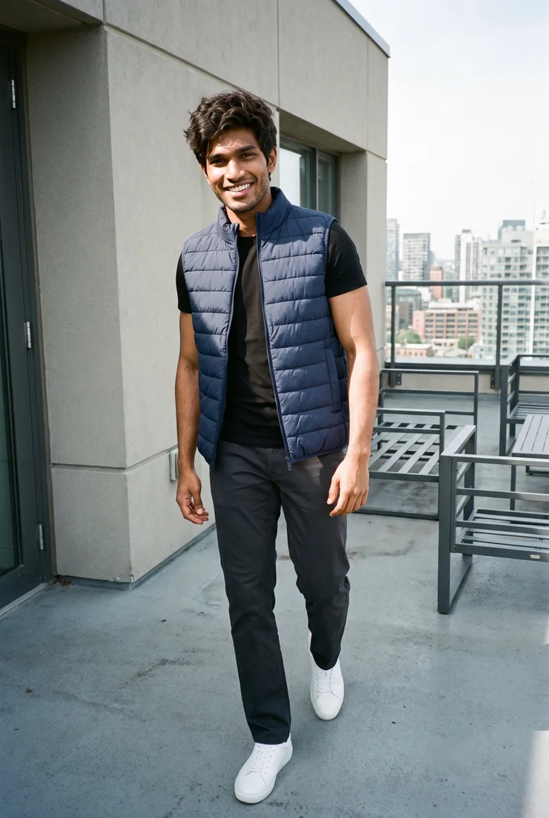 A 19-year-old Indian man wearing a navy padded gilet is shown full body from an angled front view as he walks with a grin. A penthouse terrace forms the backdrop.