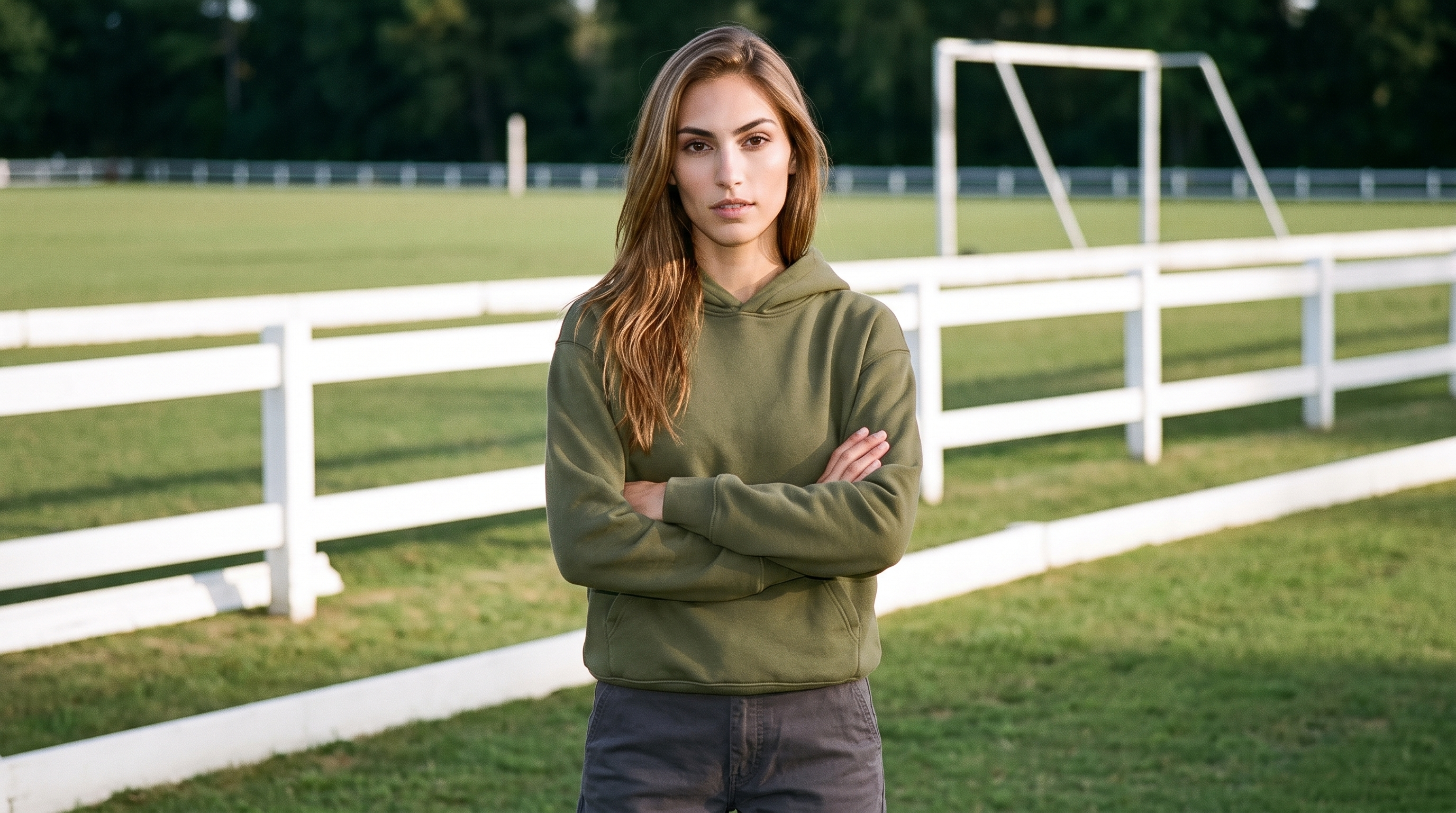 A 24-year-old Caucasian woman wears an olive oversized pullover hoodie in an upper-body front view, with her forearms folded and a neutral expression. A polo field appears as the backdrop.