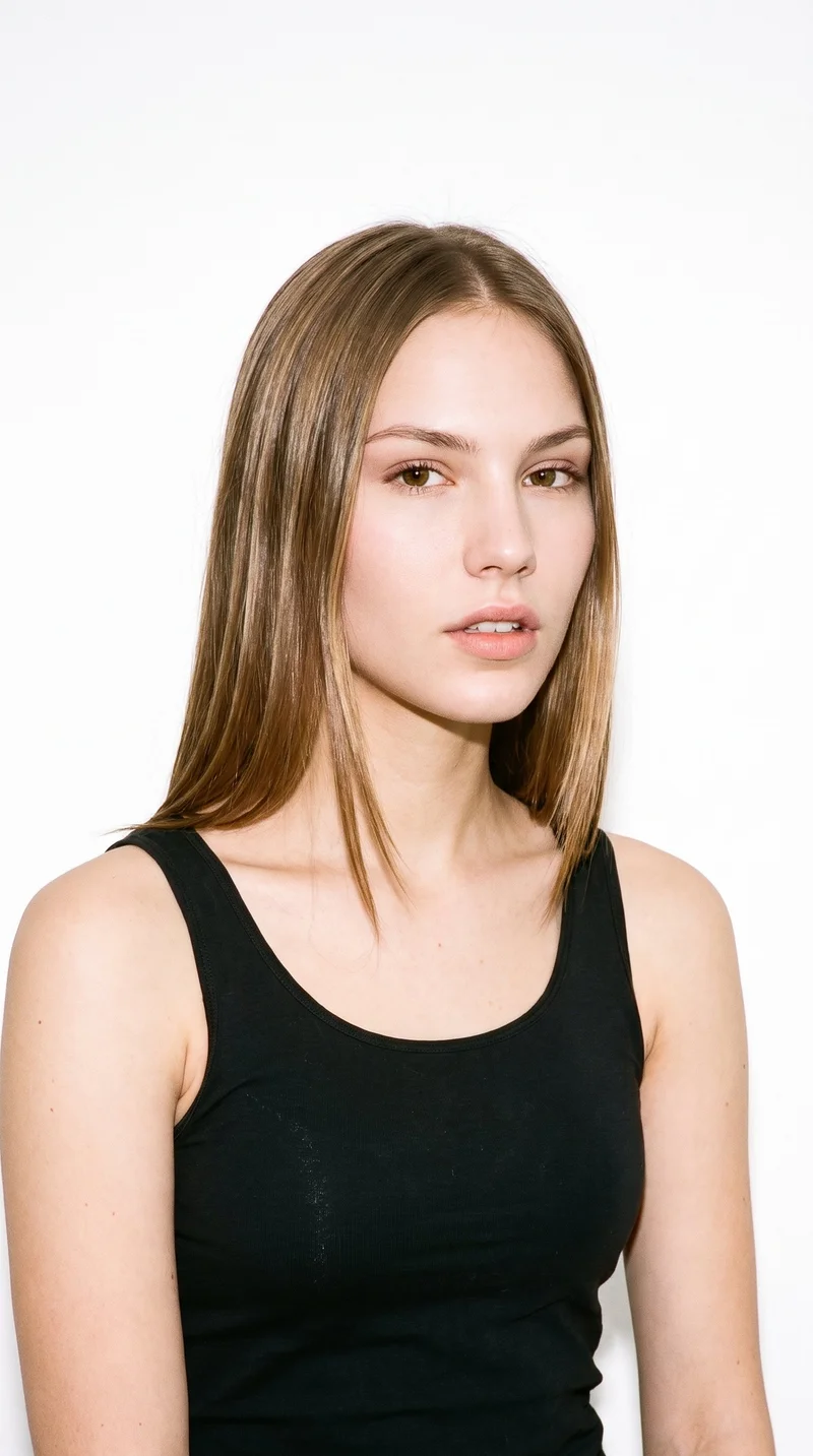 A 19-year-old Slavic woman with fair skin and a neutral undertone. Her triangular face has a wide jaw that narrows toward the forehead, emphasizing the lower face. She has thin eyebrows, brown eyes, and full lips. Her light-brown hair is straight, smooth, and parted evenly at the centre.