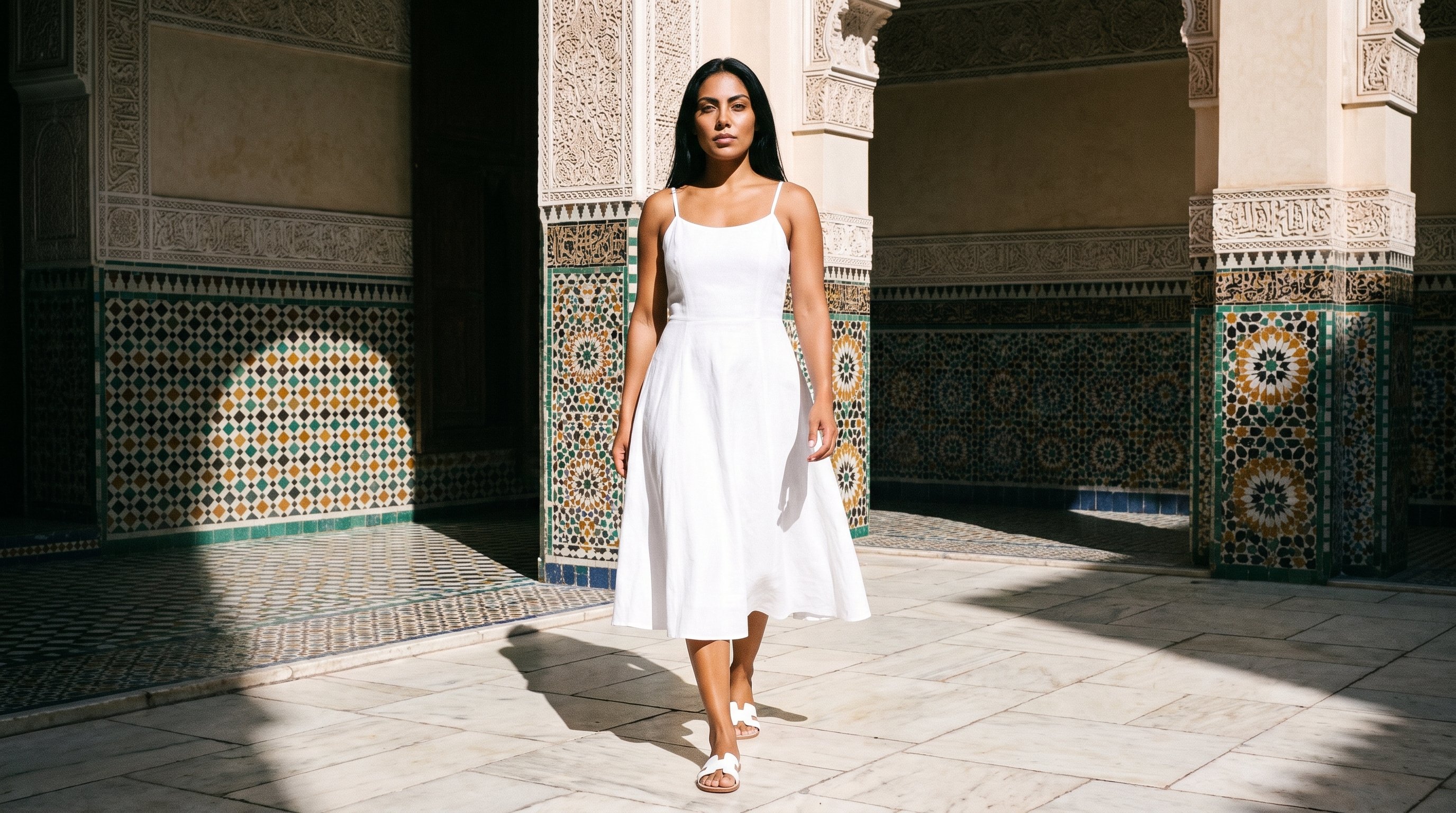 A 27-year-old Hispanic woman wears a white linen midi dress while walking, shown full body from the front with a sultry expression. A Moroccan riad courtyard forms the backdrop.