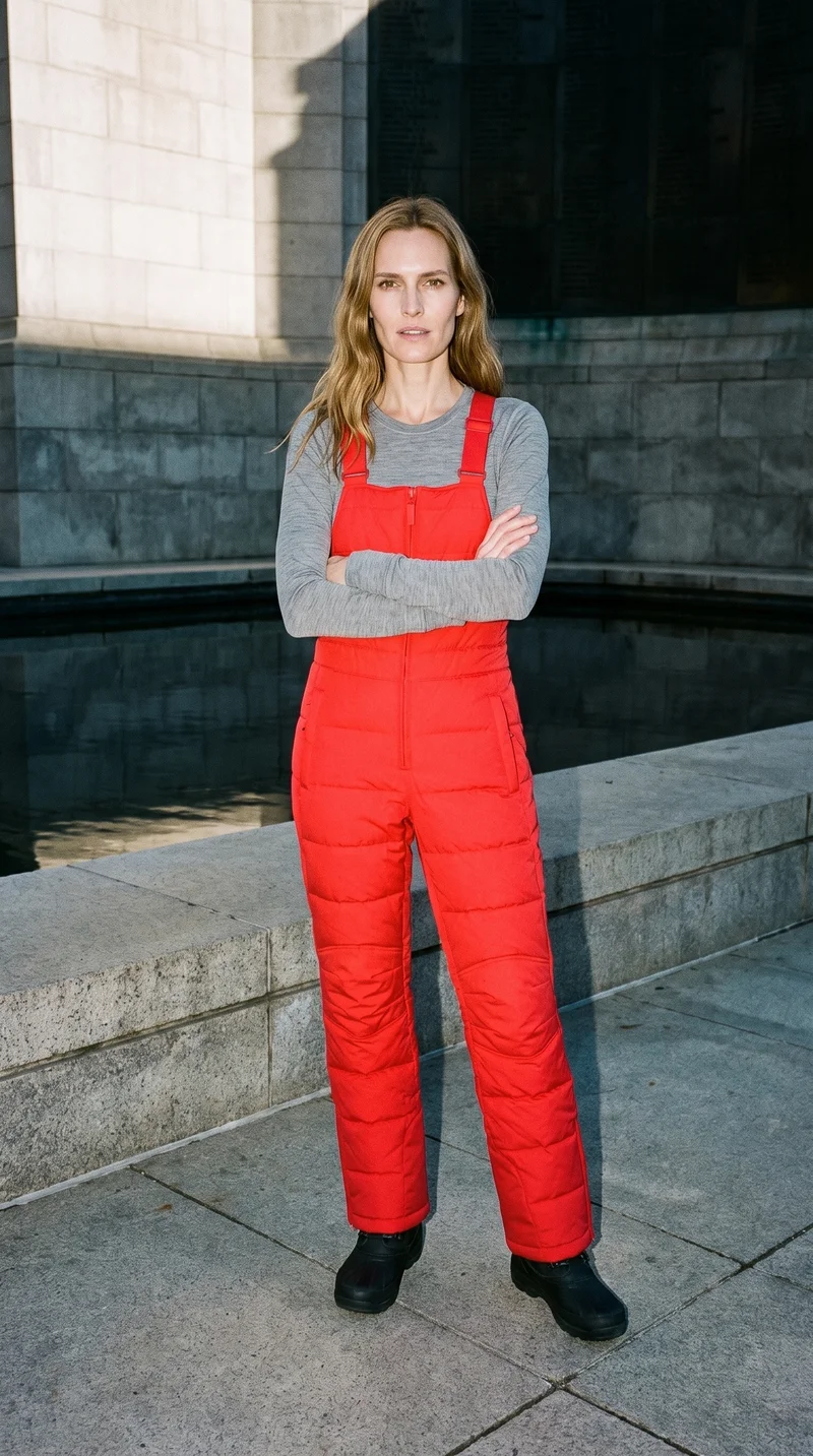 A 51-year-old Caucasian woman is shown full body from the front wearing red padded salopettes, with her arms crossed and a natural expression. Memorial Plaza appears as the backdrop.