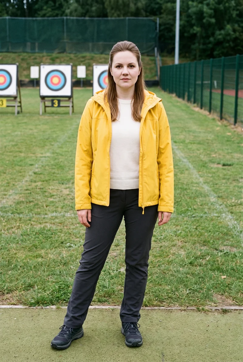 A 36-year-old Caucasian woman models a yellow waterproof jacket in a full-body front view, standing with one foot forward and a serious expression. An archery range forms the backdrop.