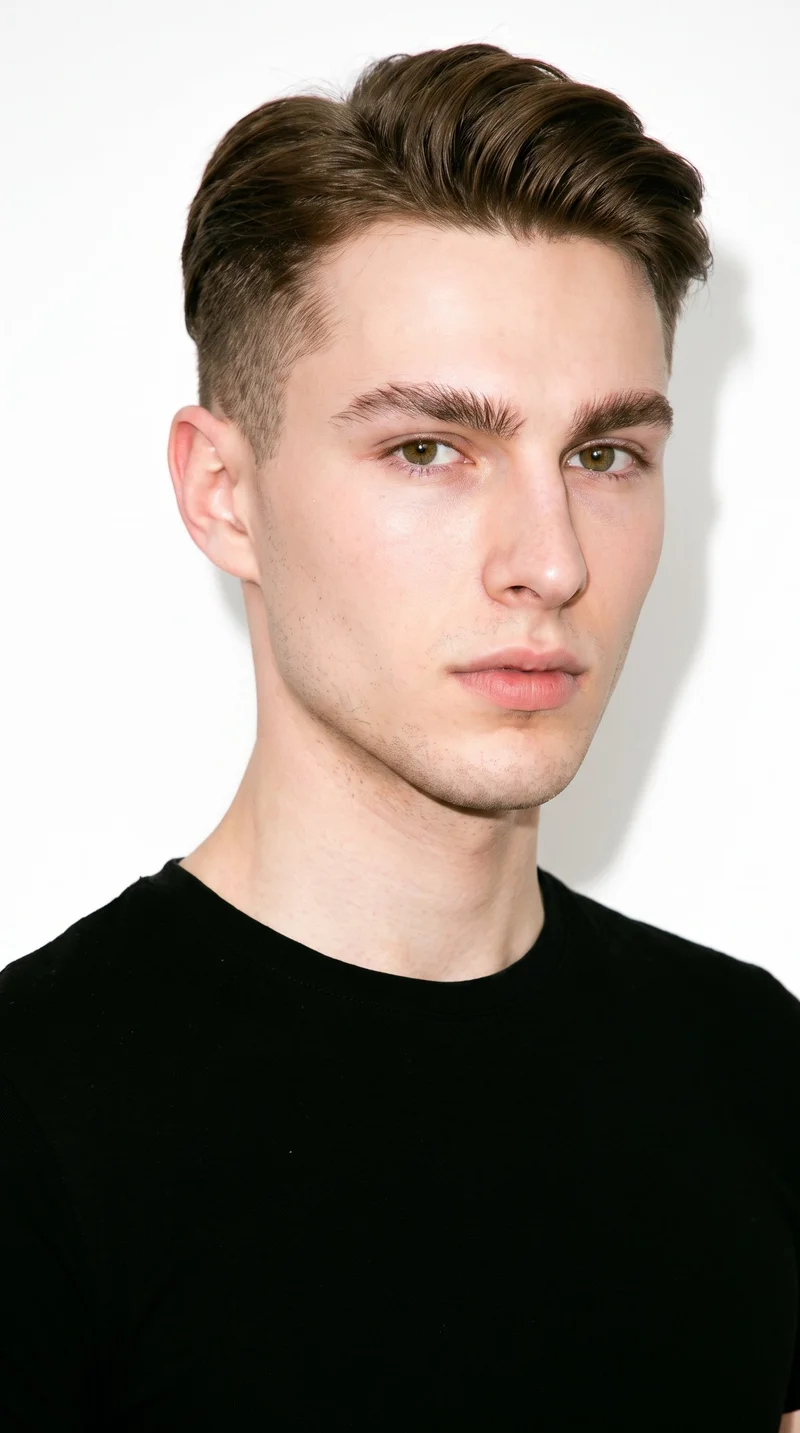 A 21-year-old Caucasian man with porcelain skin and a peach undertone has smooth, even, softer facial features in a refined balance. His eyebrows are thin, and his hazel eyes contain green-gold flecks. He has medium lips, brown hair in an undercut with longer hair on top and markedly shorter sides and back, and a clean-shaven face.